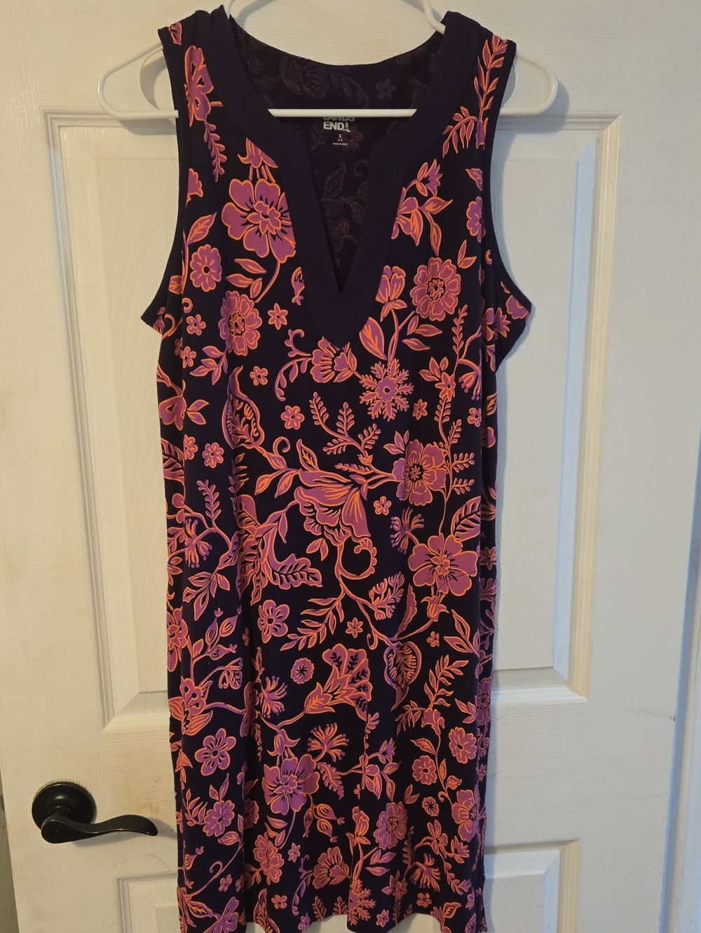 Lands End Sleeveless Dark Purplel Floral Shift Dress with Pink Print